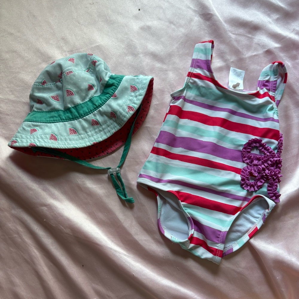 Striped One-Piece Swimsuit with Watermelon Sun Hat